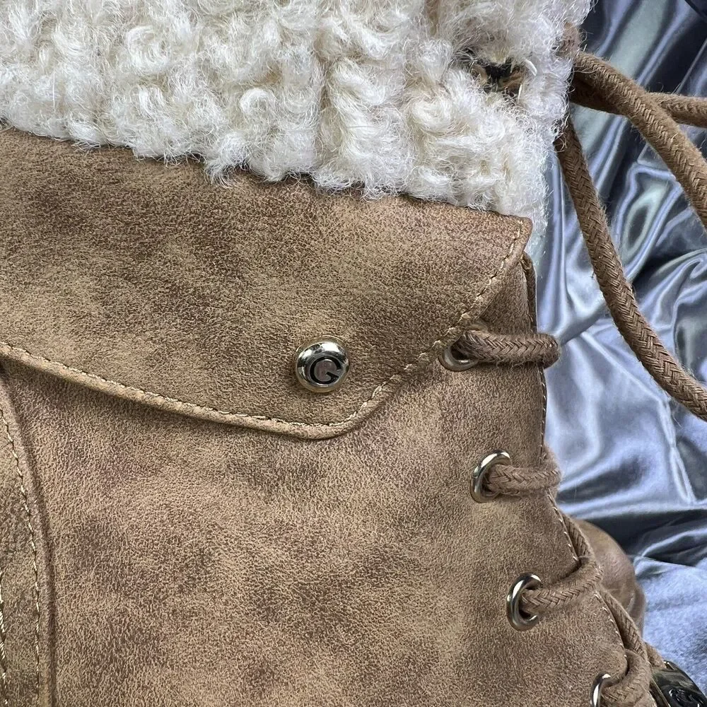 GBG G by Guess Boots Women Sz 9.5 M Brown 4” Heel Lace Up Chunky Lug Fur Booties
